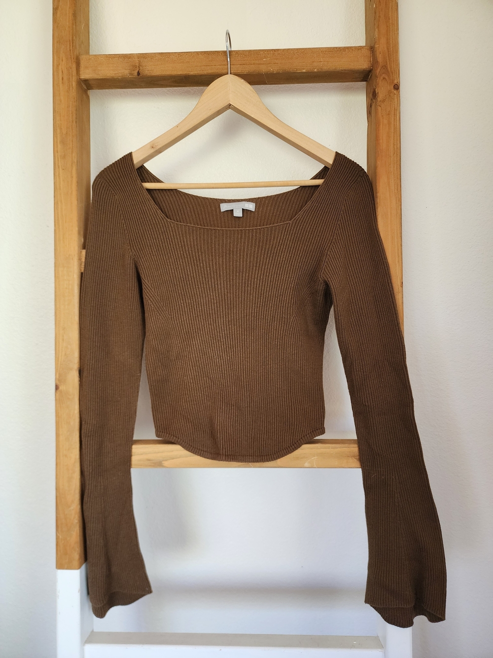 UNIQLO x Mame Kurogouchi Rib Knit Top Brown Long Sleeve Square Neck Size M